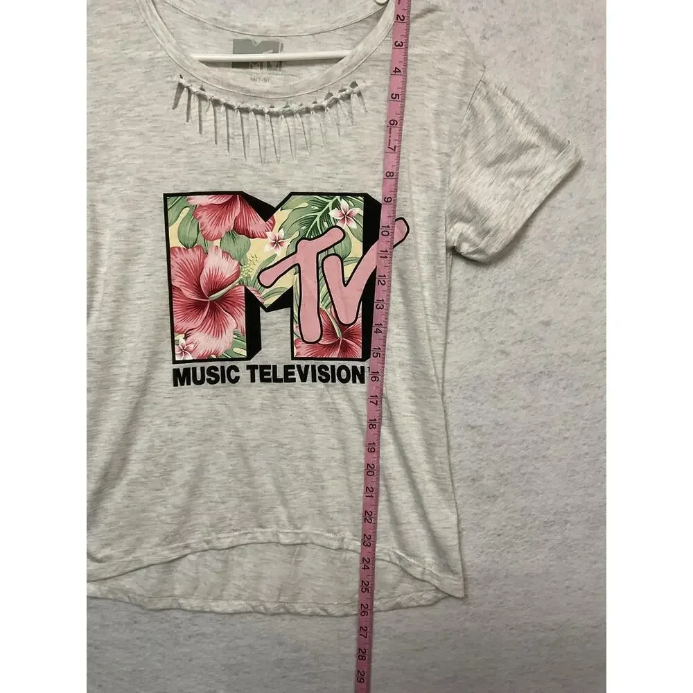 MTV Music Shirt Girls‎ M Gray Floral Logo Cutout Scoop Neck Graphic Tee